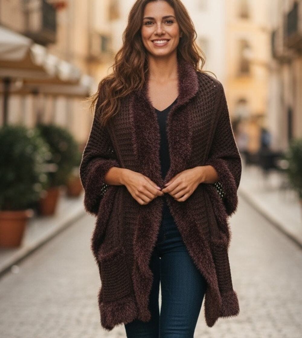 Scarf Shawl Wrap w/ Faux Fur Edging and Pockets Brown Knit CTF Choose the Future